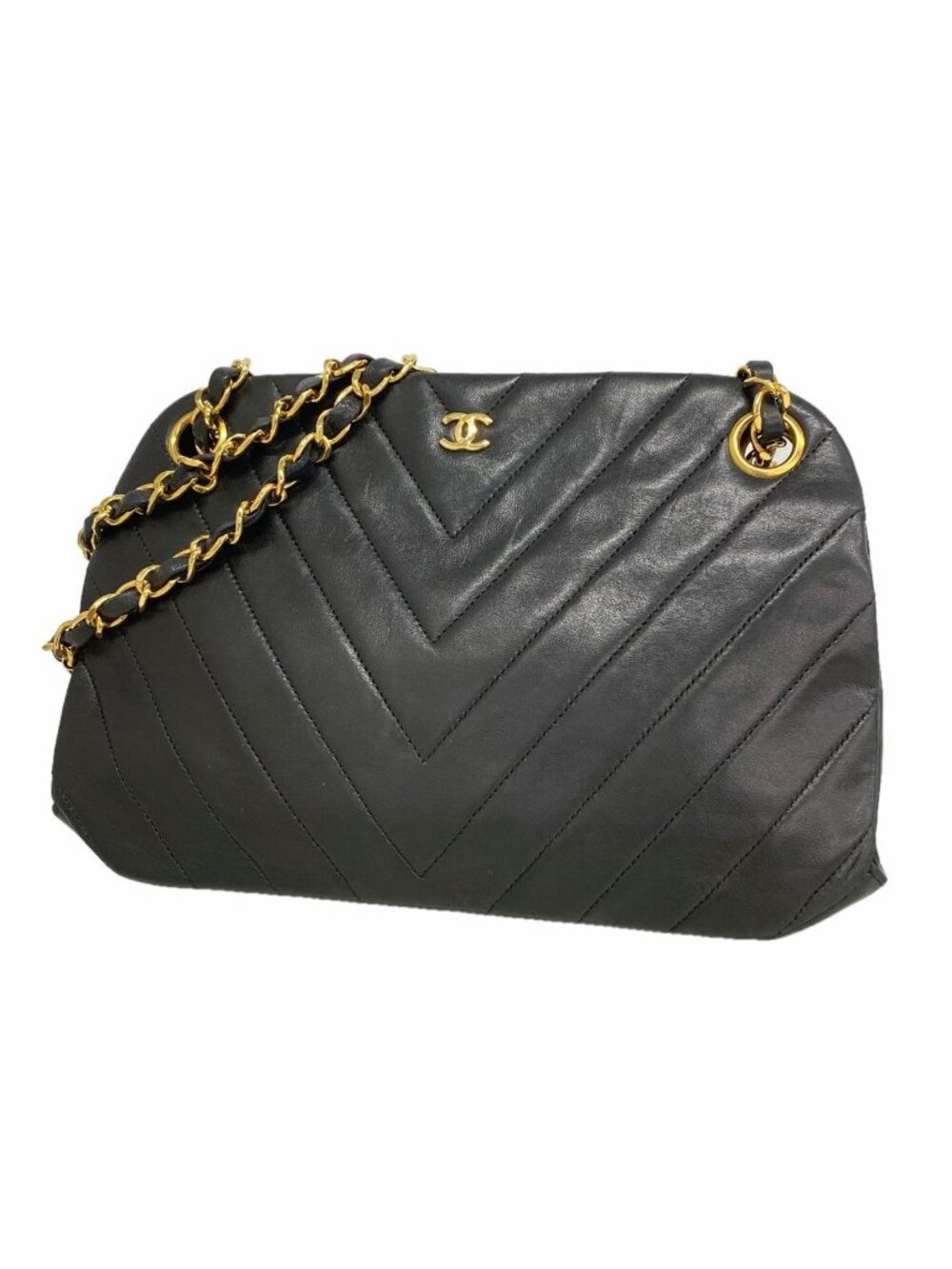 Chanel Shoulder Bag V-stitch Lambskin Black Gold